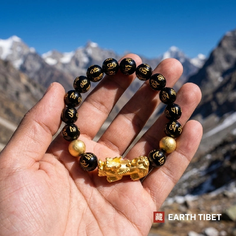 Pixiu mantra bracelet held up against a mountain valley