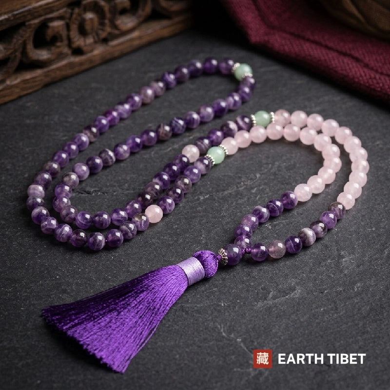 Banded amethyst and rose quartz mala with pale amazonite counter beads