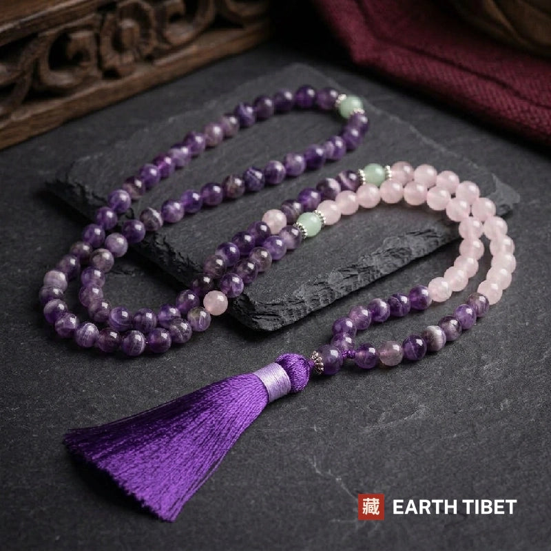 Amethyst mala showing the unbroken run of rose quartz and its amazonite counters