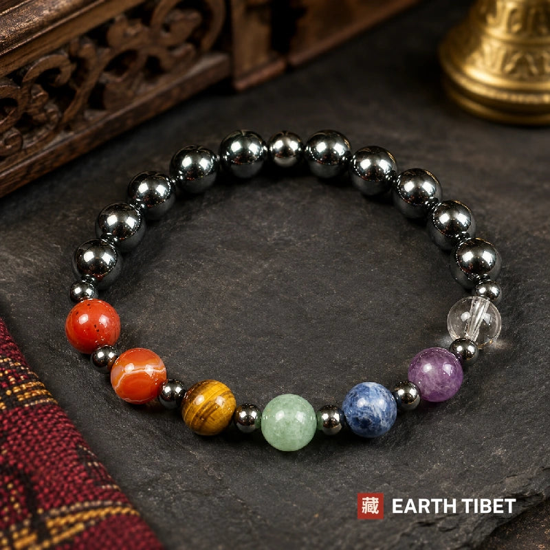 Seven chakra stones from red jasper to clear quartz between hematite beads