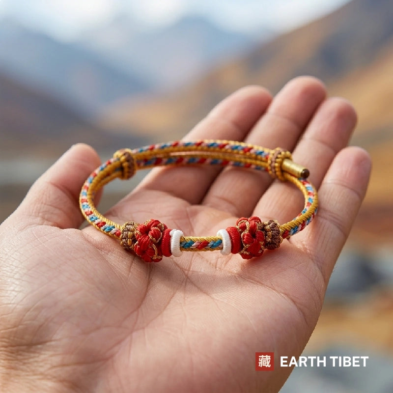 Gold Tibetan protection cord bracelet resting in an open hand