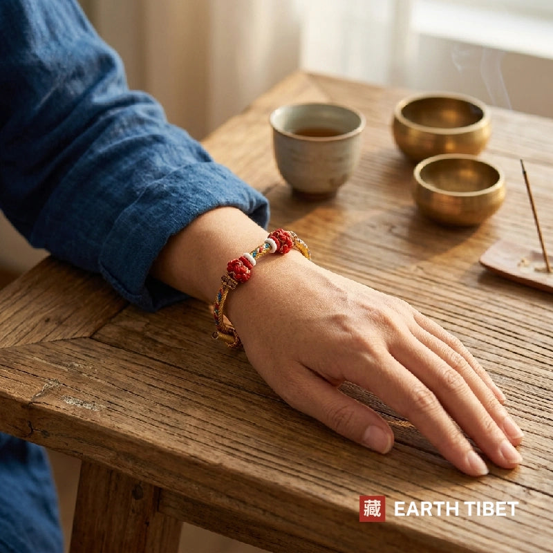 Tibetan protection cord bracelet worn on the wrist beside tea and incense