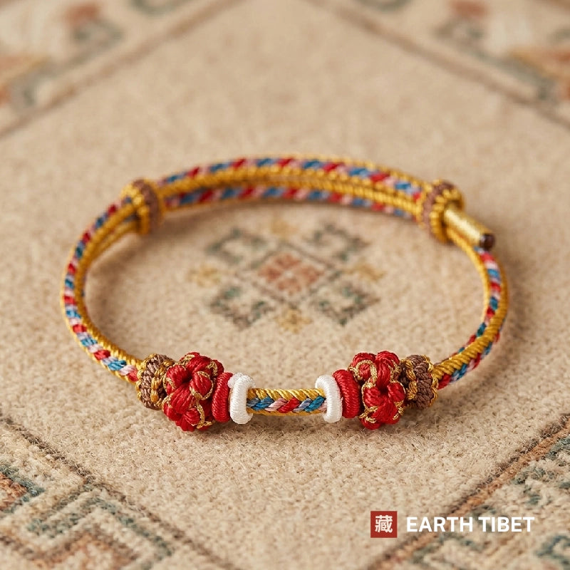 Gold braided protection cord bracelet with two red knotted beads and white rings