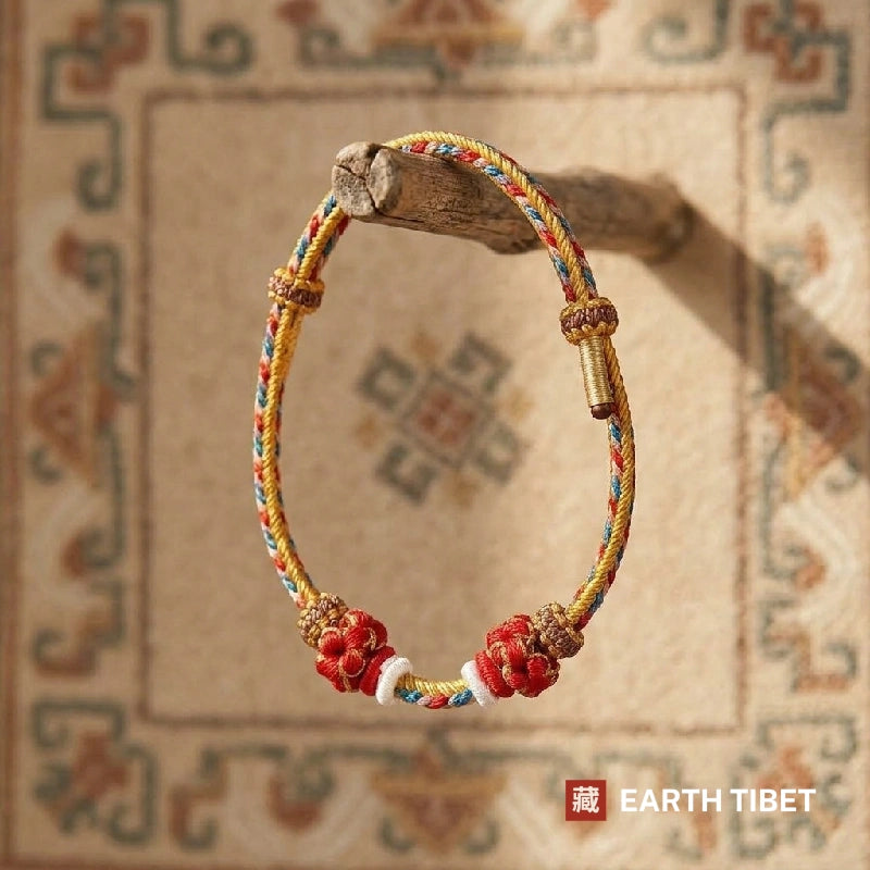 Protection cord bracelet hanging from driftwood, showing the sliding closure