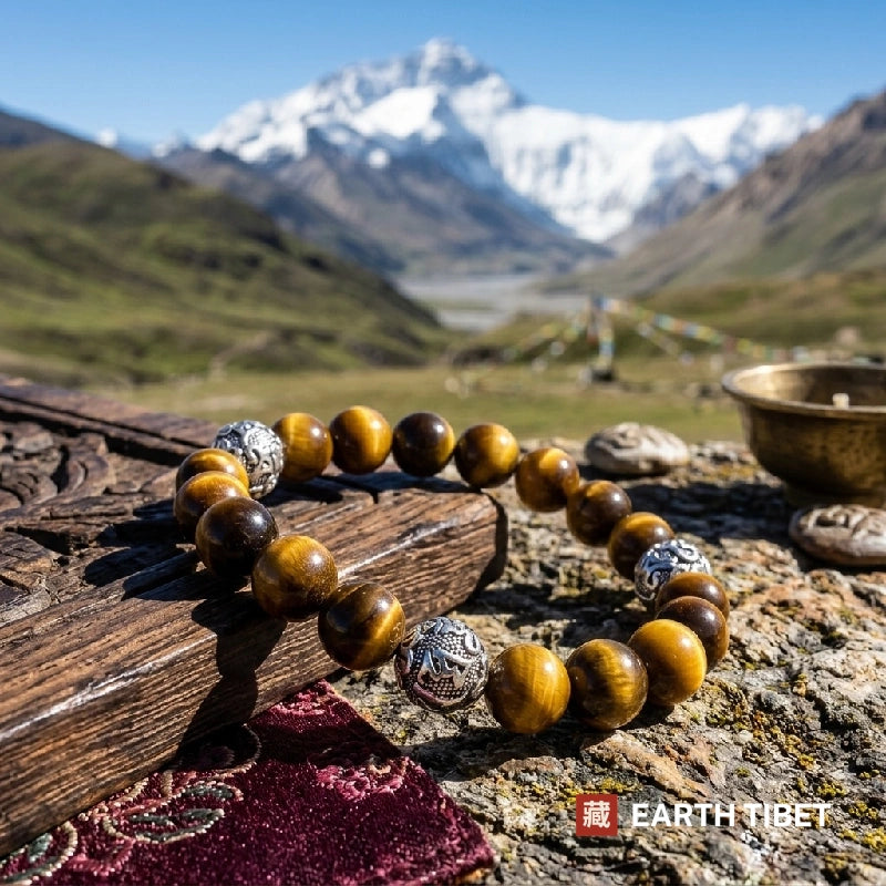 Tiger eye mantra bracelet on a rock with Himalayan peaks and prayer flags behind