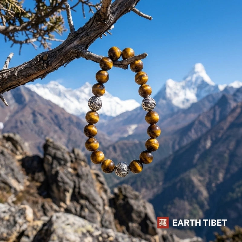 Tiger eye protection bracelet hanging from a branch above a mountain valley