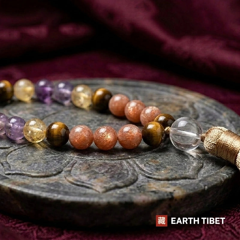 Close view of the orange sunstone beads showing the copper sparkle inside them