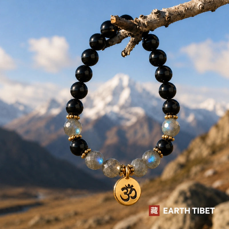 Labradorite bracelet on a branch against snow peaks, blue flash visible across the beads