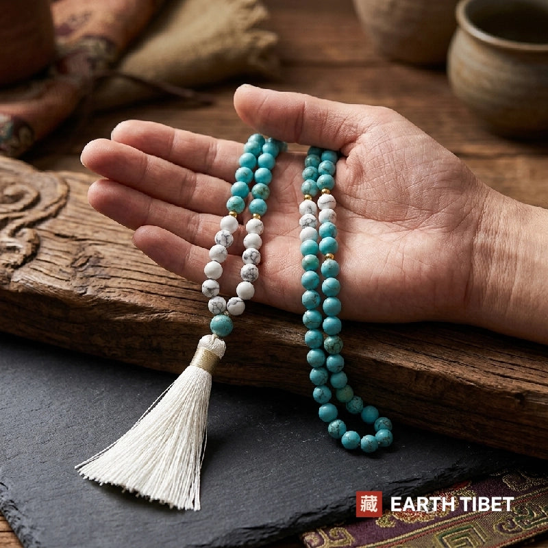 Turquoise howlite mala lying across an open hand to show its size