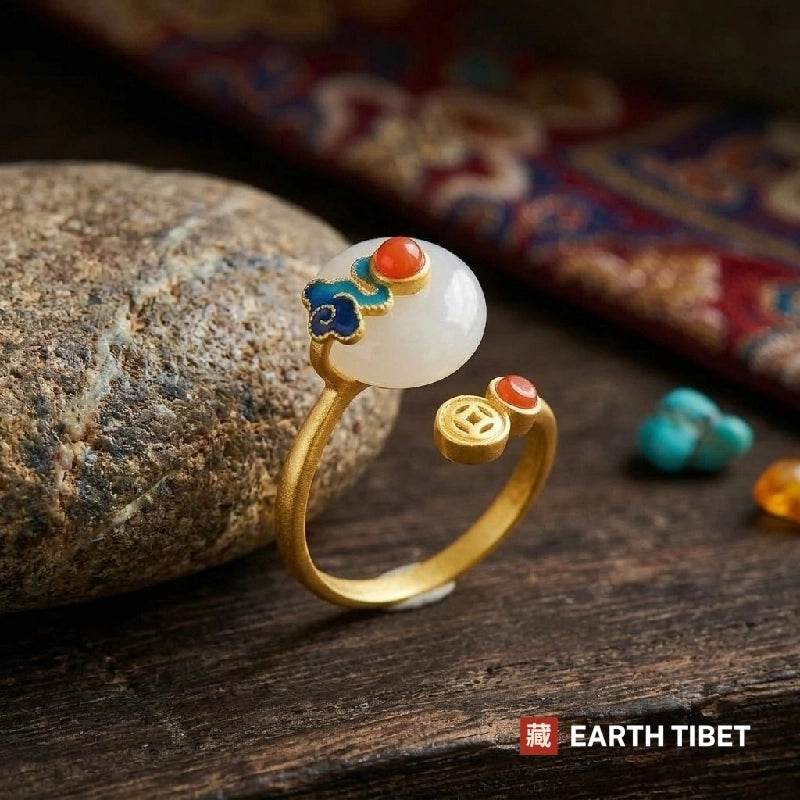 Side view of the ring resting against a stone, coin terminal facing the white dome