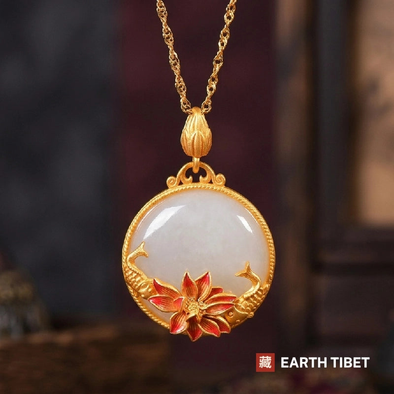 White chalcedony disc pendant hanging on its gold-toned chain