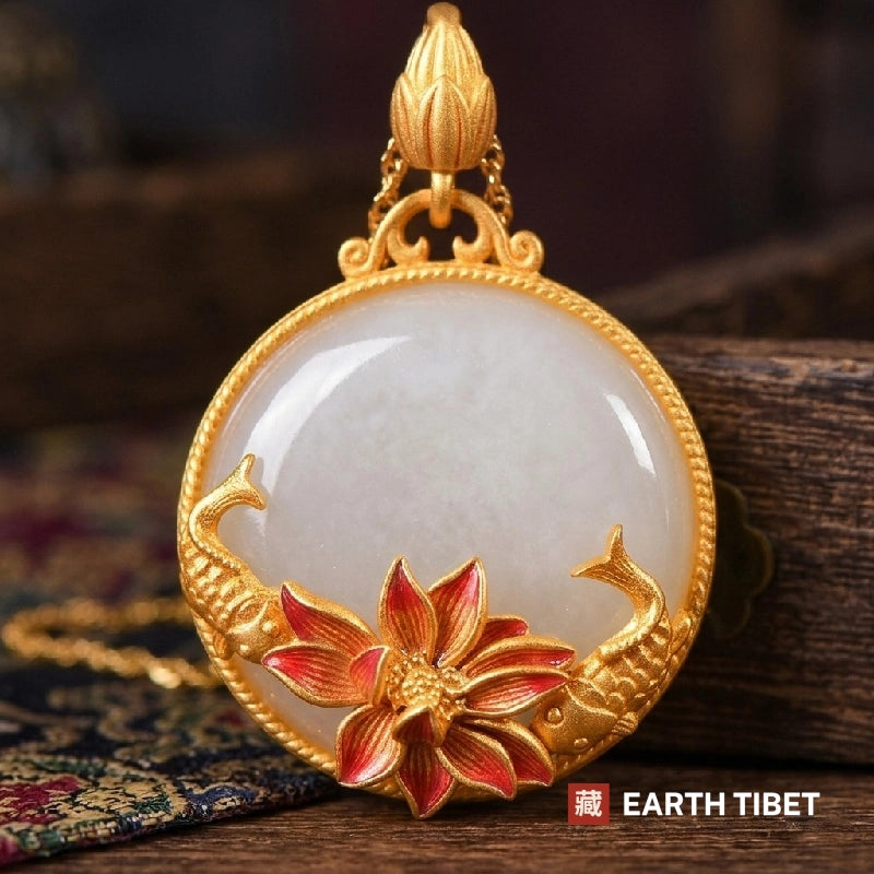 Close view of the two fish curving around the enamelled red and gold lotus
