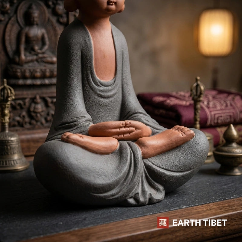 Purple clay novice monk statue seated in full lotus, both soles turned up on the thighs